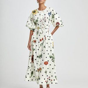 □♡$2,590 NEW OSCAR DE LA RENTA GORGEOUS ECRU MULTI MIDI FLORAL DAY DRESS US 4